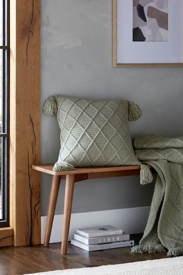 Sage Green Knitted Tassel Trim 50 x 50 Cushion