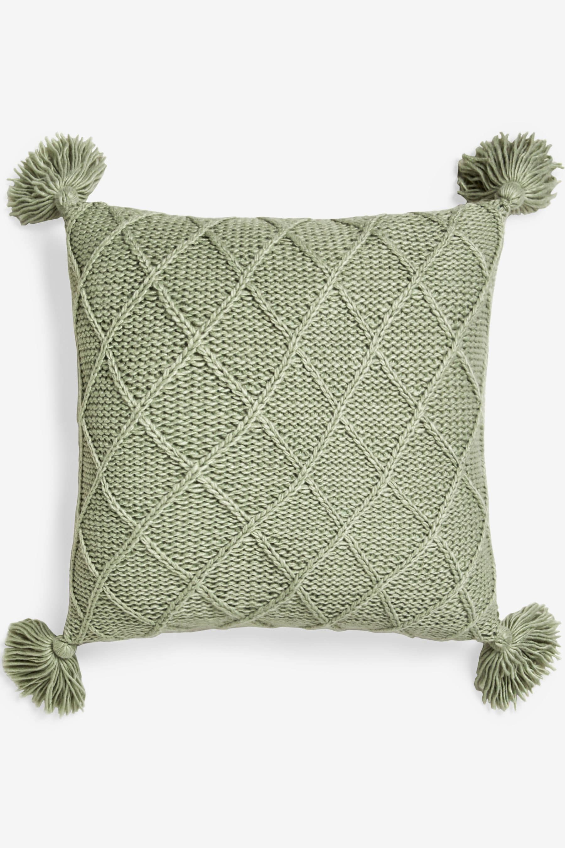 Buy Sage Green Knitted Tassel Trim 50 x 50 Cushion from Next Luxembourg
