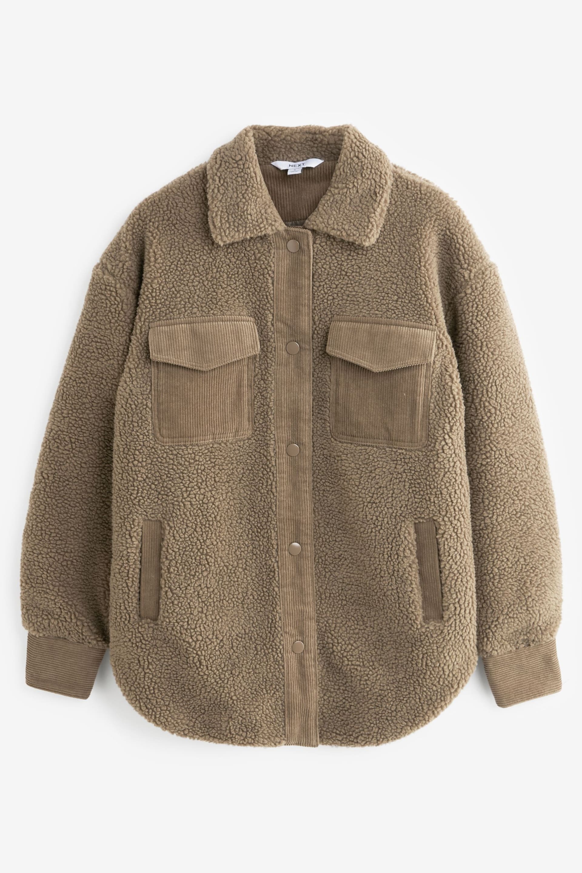 Taupe Brown Borg Fleece Corduroy Pocket Detail Teddy Jacket - Image 4 of 5