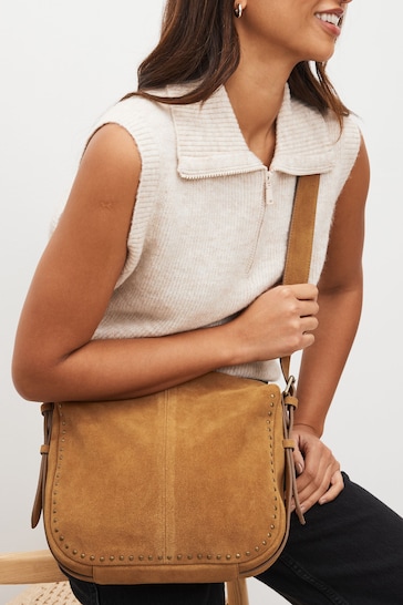 Tan Brown Studded Leather Messenger Bag