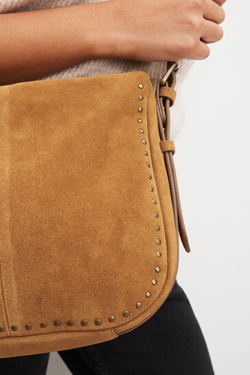 Tan Brown Studded Leather Messenger Bag