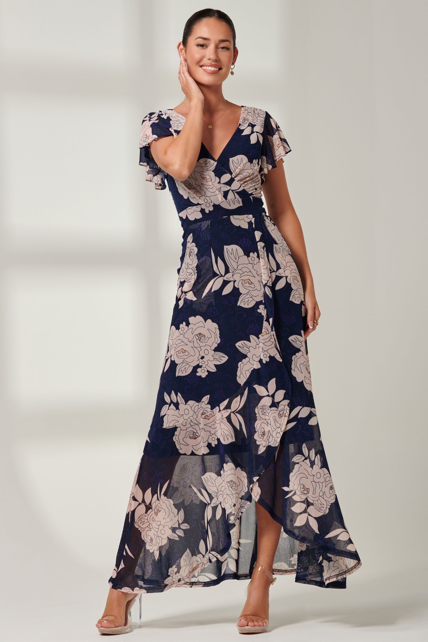 Jolie Moi Navy Blue Floral Gisselle Ruffle Hem Mesh Maxi Dress 16 Womens