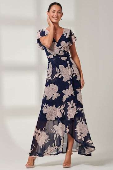 Jolie Moi Navy Blue Floral Gisselle Ruffle Hem Mesh Maxi Dress