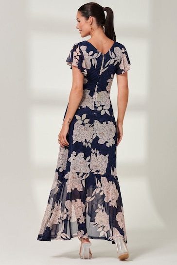 Jolie Moi Navy Blue Floral Gisselle Ruffle Hem Mesh Maxi Dress