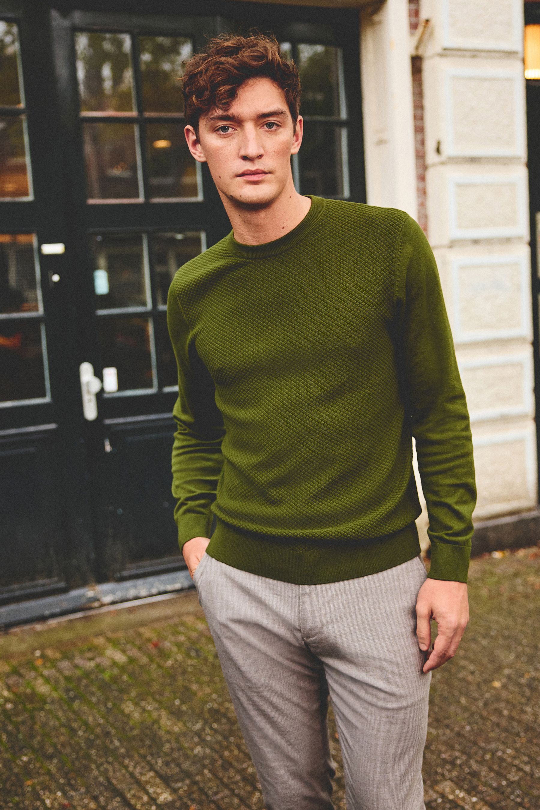 Buy Khaki Green Textured Regular Long Sleeve Knit Jumper from Next Qatar