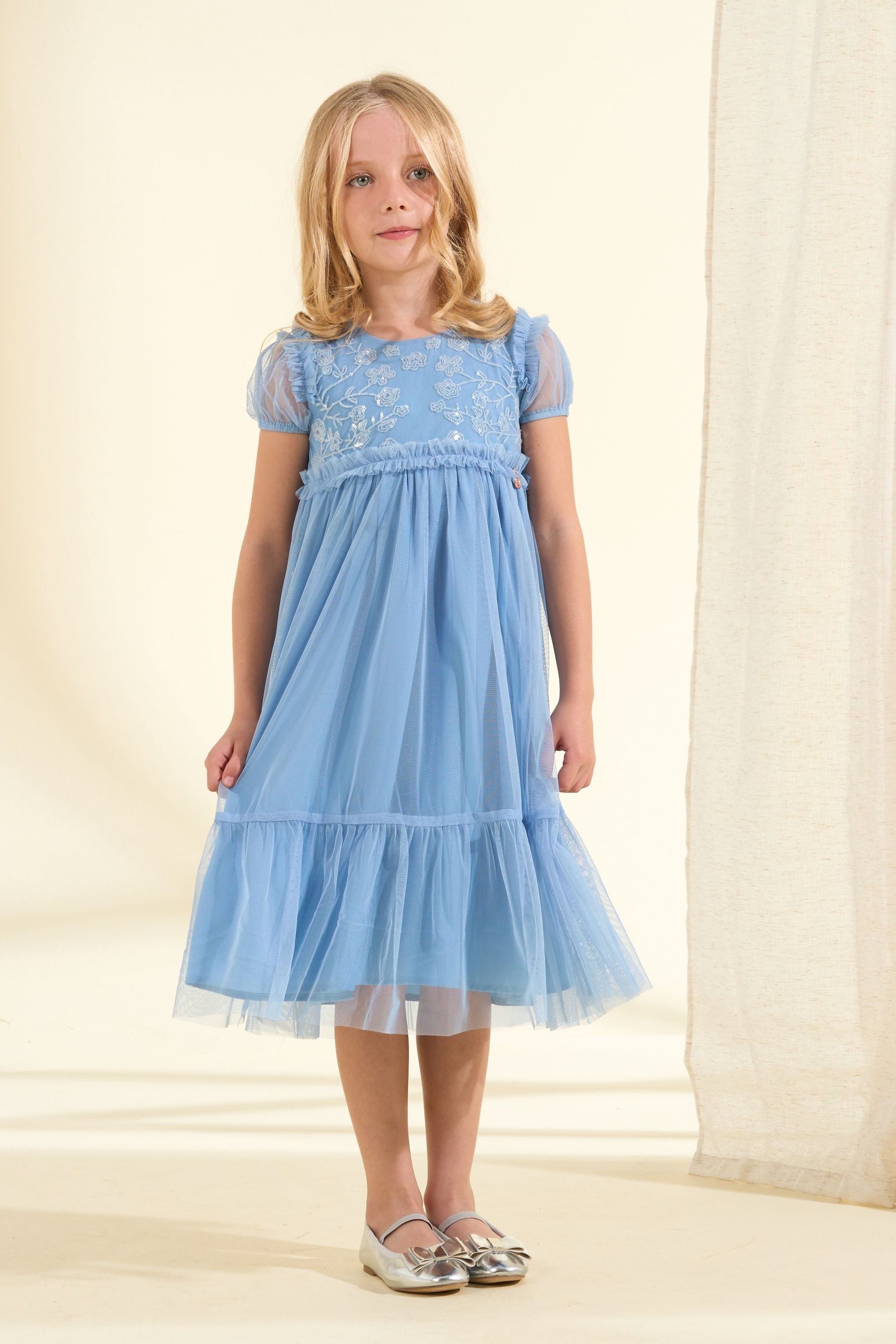 Girls Angel Rocket Blue Luisa Embroidered Yoke Mesh Dress