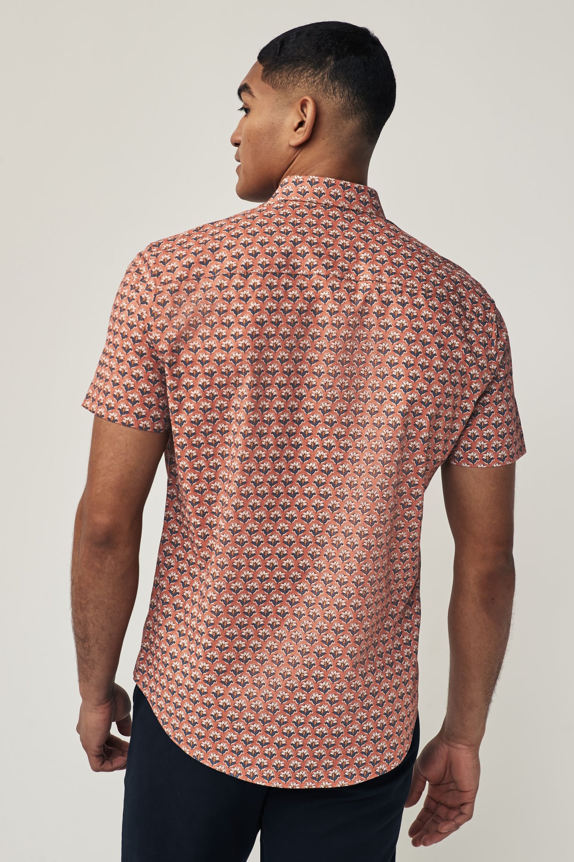 Terracotta Brown Floral Block Regular Fit Printed Short Sleeve Shirt - Image 3 of 7