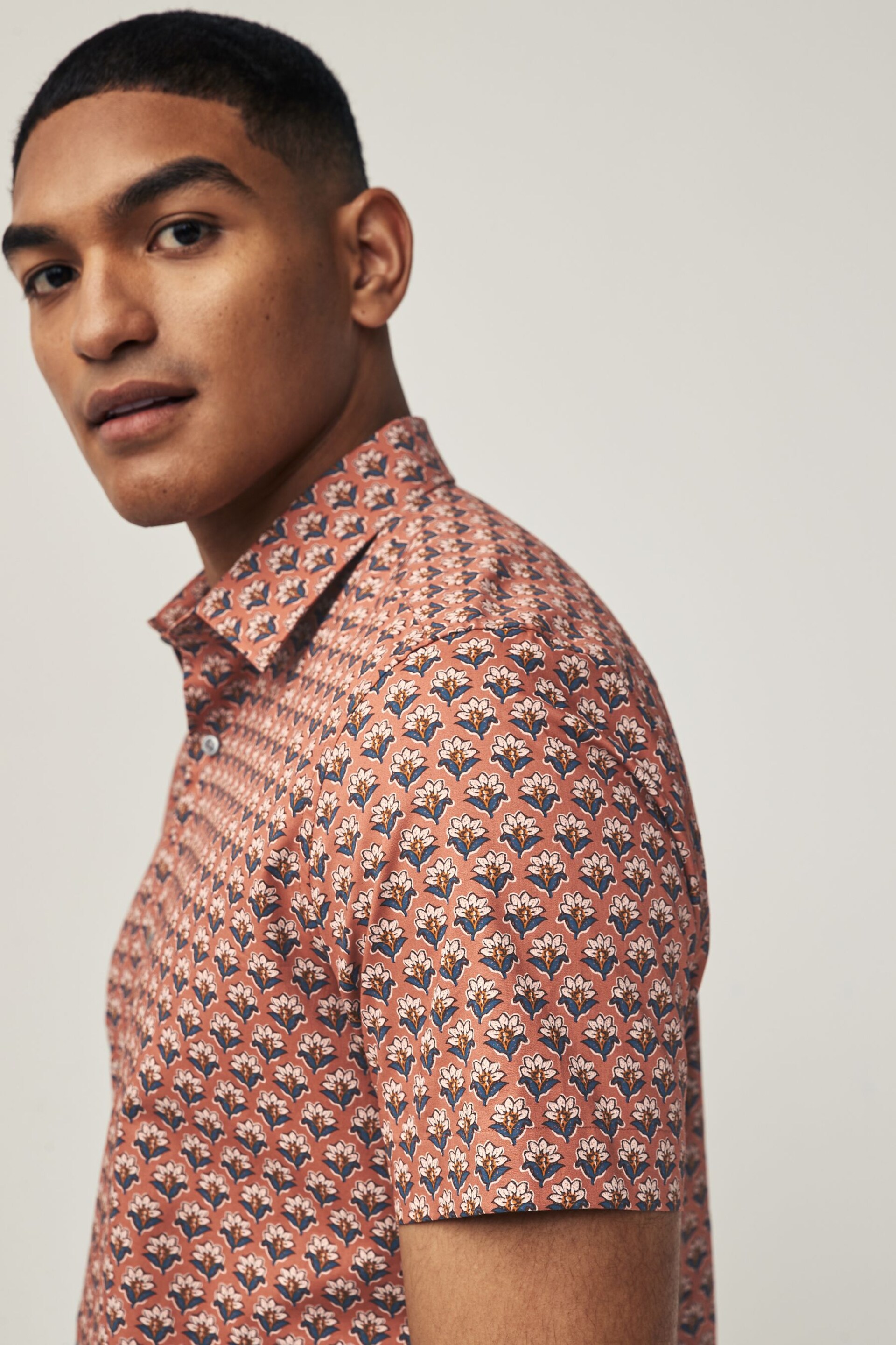 Terracotta Brown Floral Block Regular Fit Printed Short Sleeve Shirt - Image 4 of 7