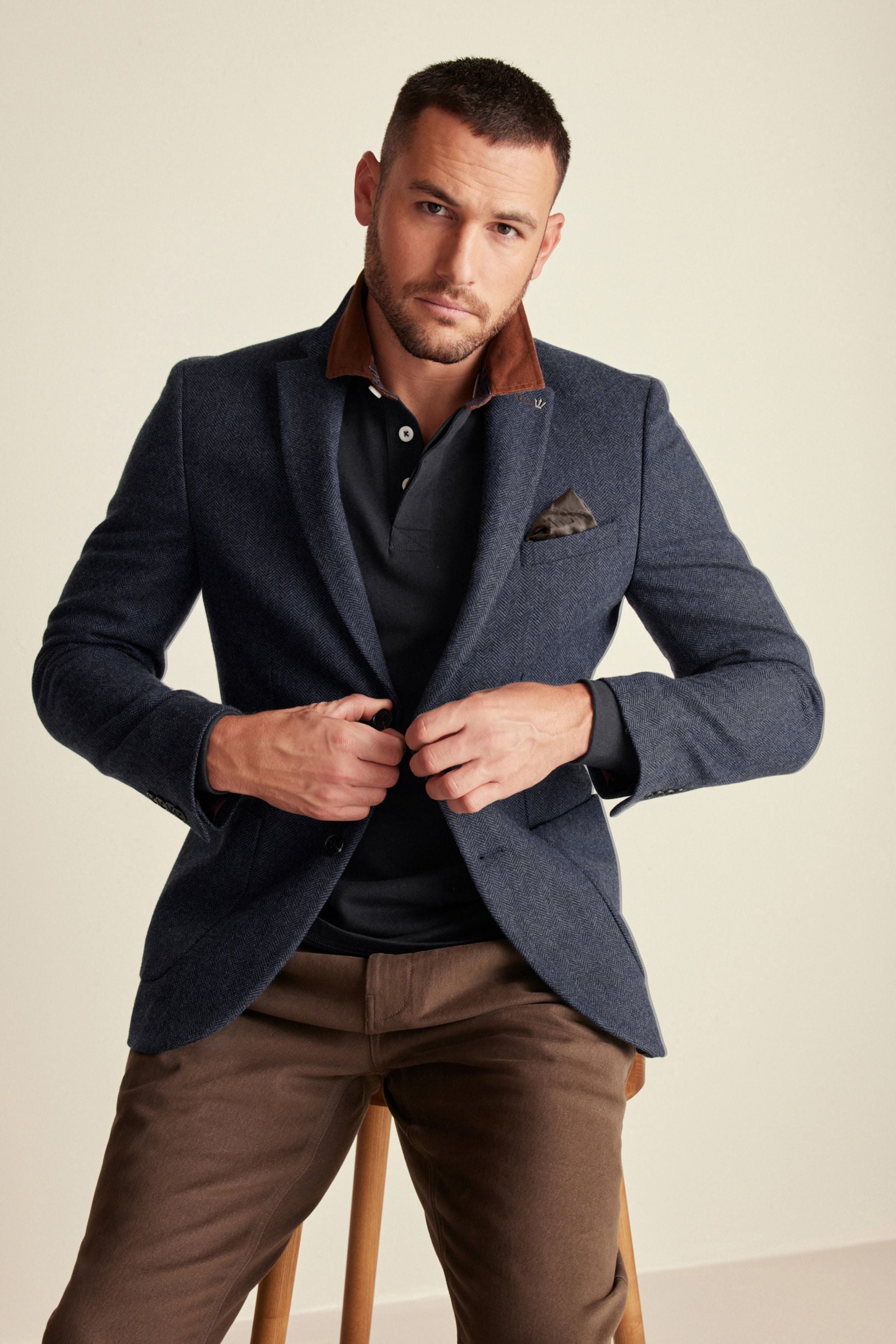 Blue Slim Fit Wool Rich Herringbone Blazer