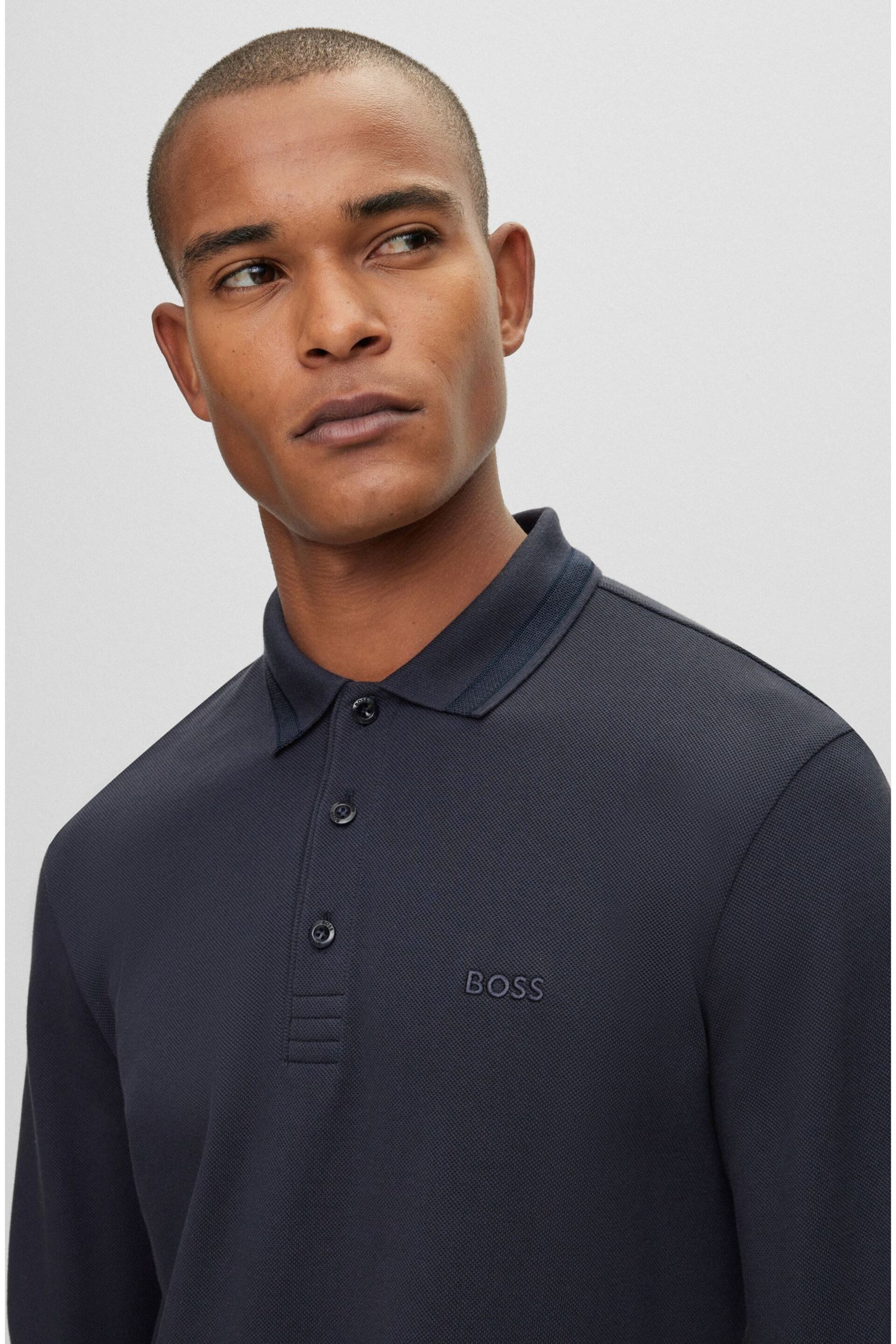 BOSS Dark Blue Plisy Collar Detail Long Sleeve Polo Shirt - Image 6 of 7