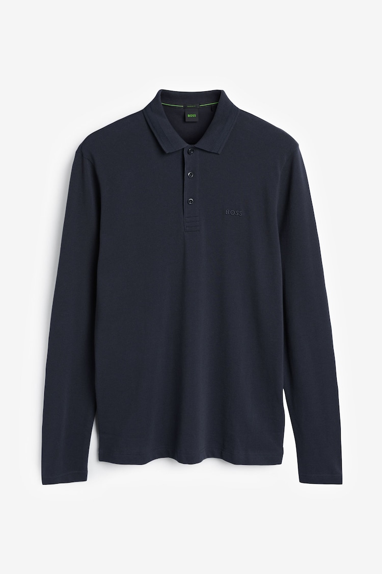 BOSS Dark Blue Plisy Collar Detail Long Sleeve Polo Shirt - Image 7 of 7