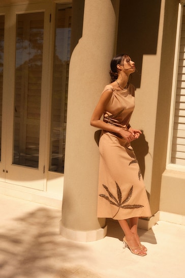 Neutral/Tan Palm Sleeveless Column Embellished Midi Dress