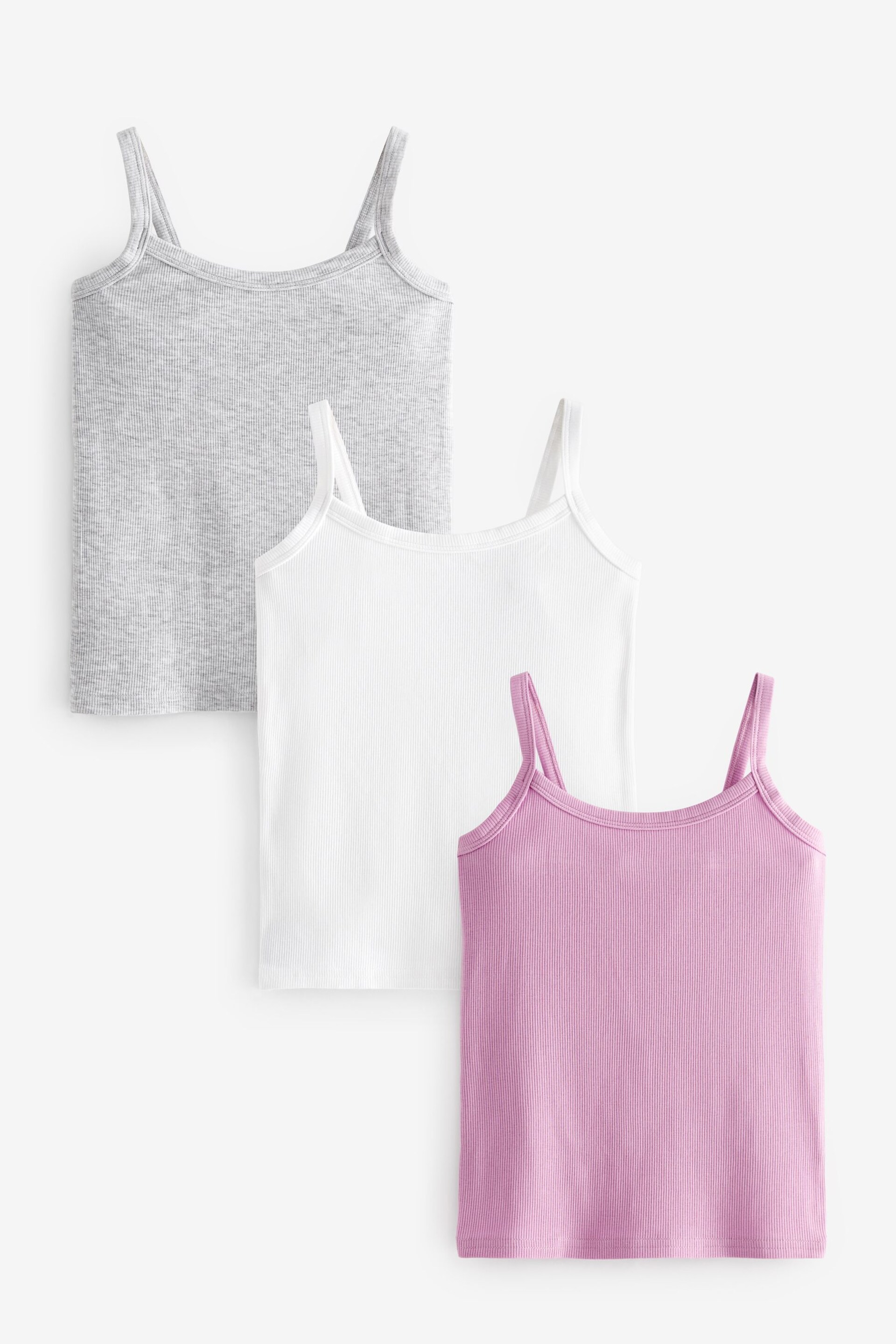 Grey/Pink/White Rib Cami Vest 3 Pack (2-16yrs) - Image 1 of 6