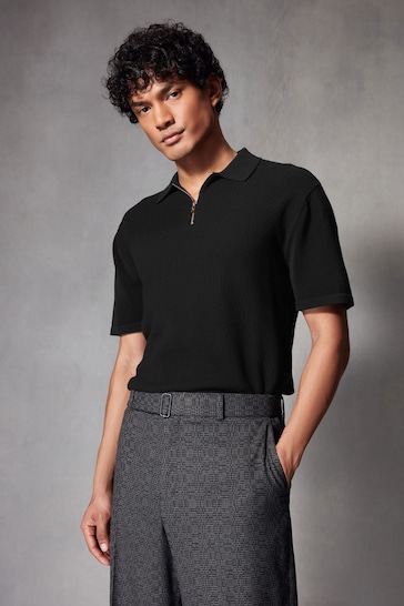 Black Knitted Bubble Textured Regular Fit Polo Shirt