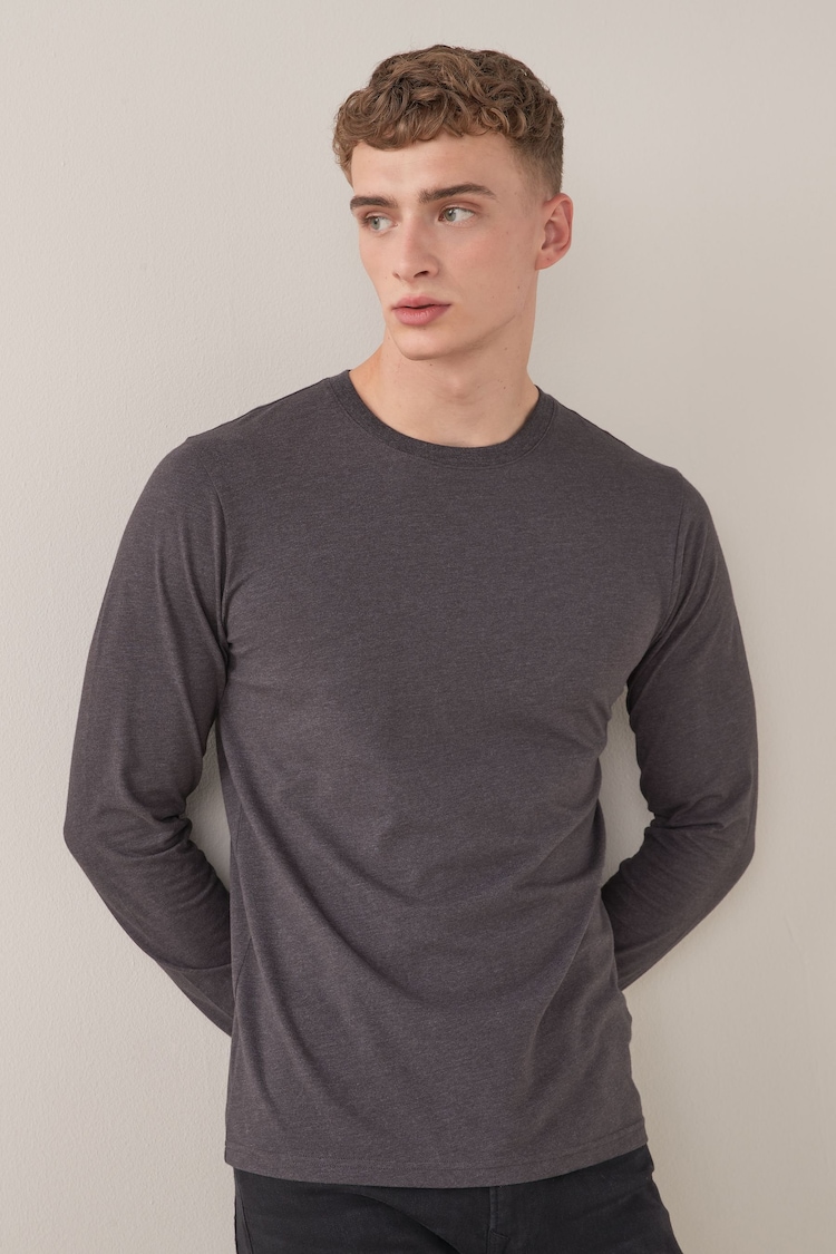 Charcoal Grey Marl Slim Fit 100% Cotton Long Sleeve Crew Neck T-Shirt - Image 1 of 5