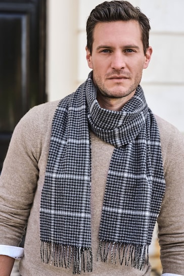 Pure Collection Mens Grey Cashmere Dogtooth Scarf