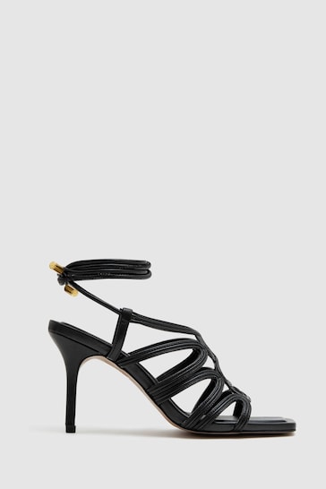 Reiss Black Keira Strappy Open Toe Heeled Sandals