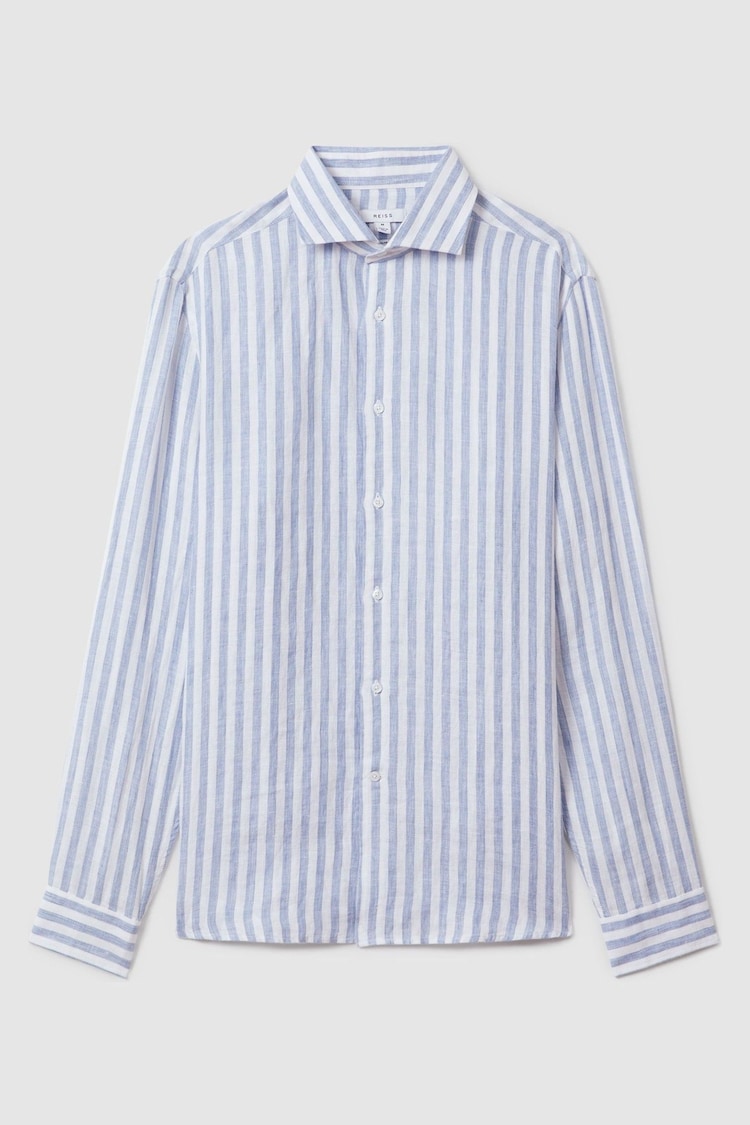 Reiss Soft Blue Herringbone Stripe Ruban Linen Button-Through Shirt - Image 2 of 6