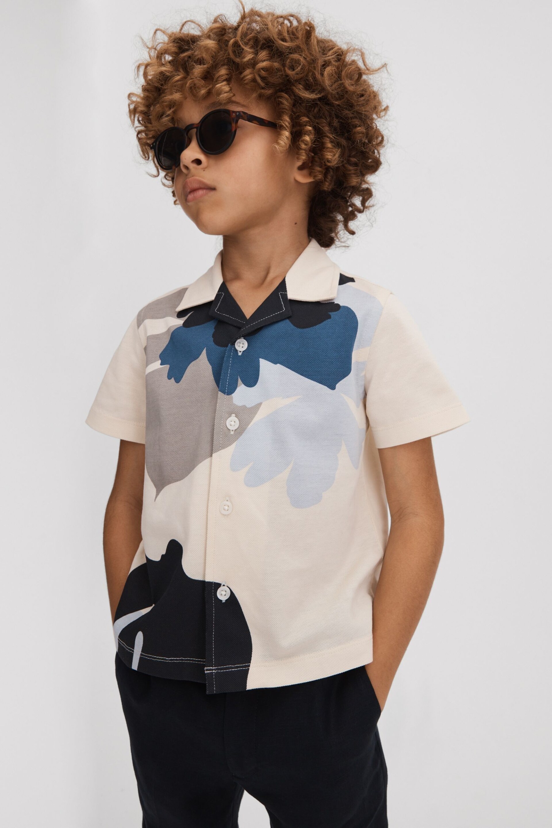 Reiss Grey/Blue Multi Parc Junior Mercerised Cotton Cuban Collar Shirt - Image 3 of 4