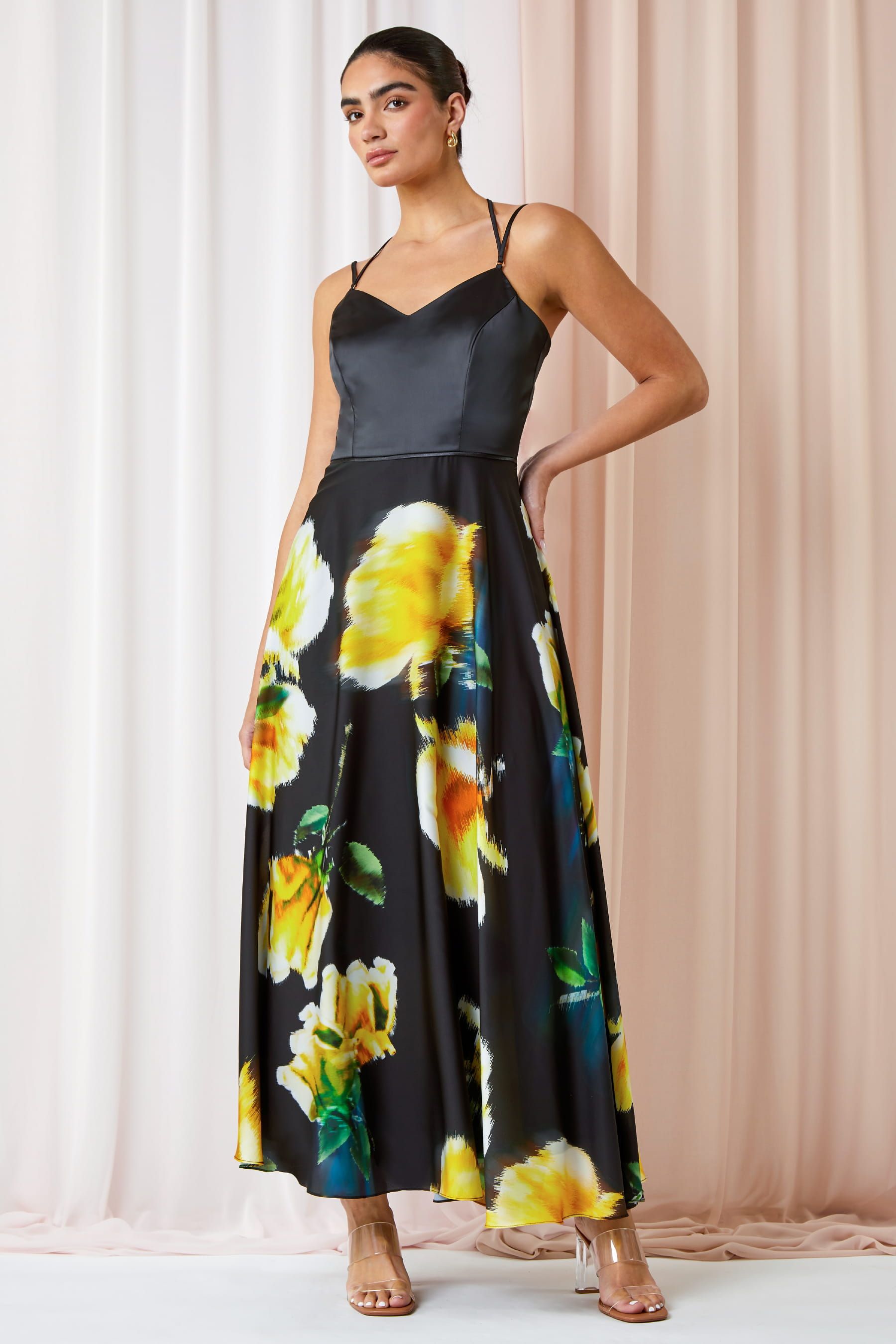 Roman Black Luxe Floral Fit Flare Maxi Dress