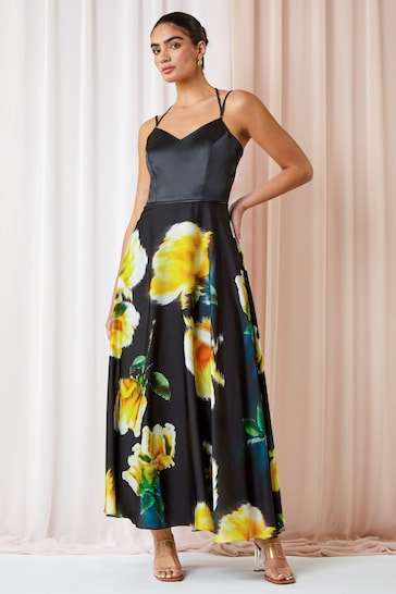 Roman Black Luxe Floral Fit & Flare Maxi Dress