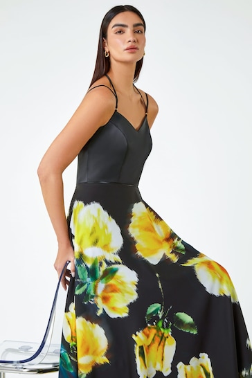 Roman Black Luxe Floral Fit & Flare Maxi Dress