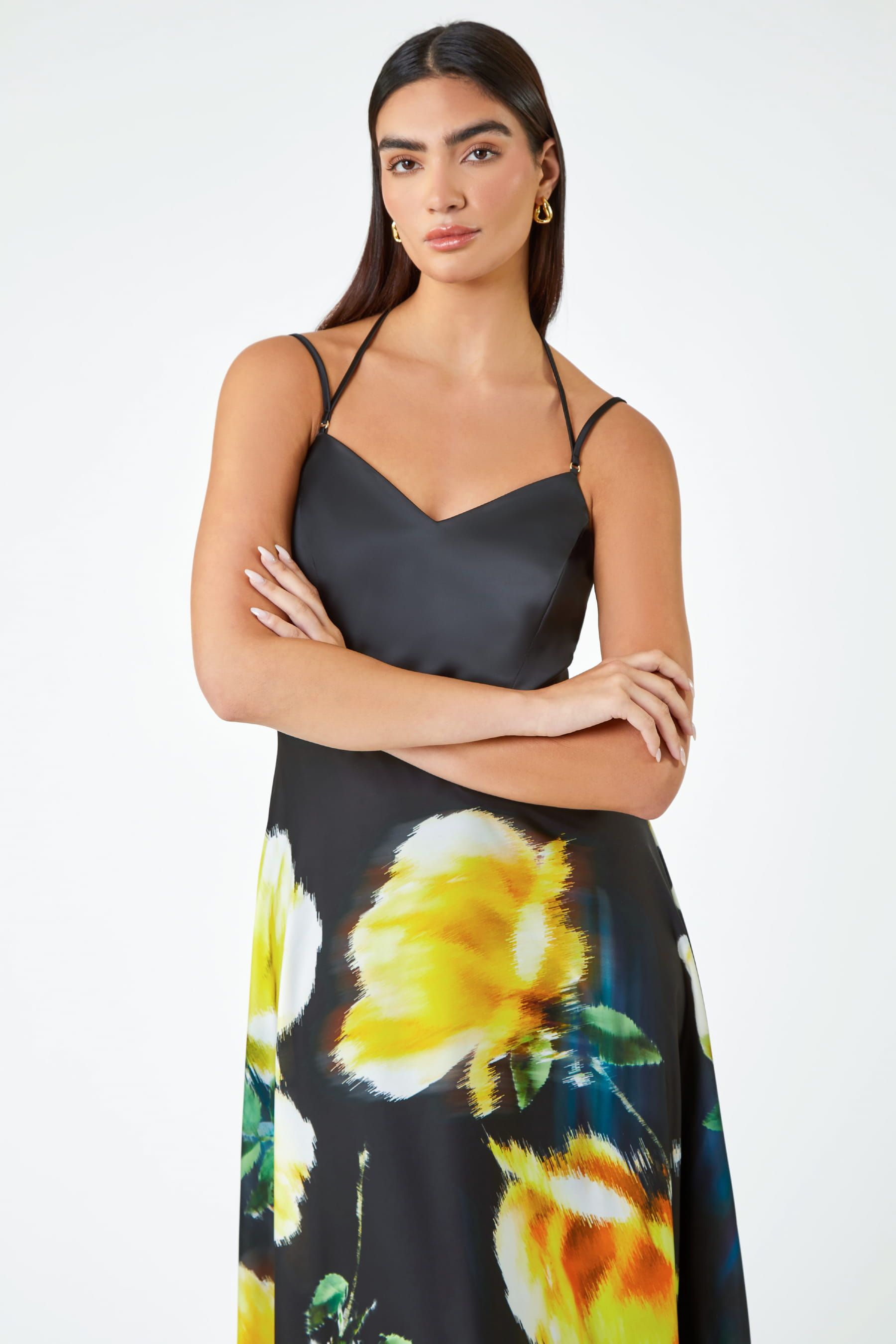 Roman Black Luxe Floral Fit Flare Maxi Dress