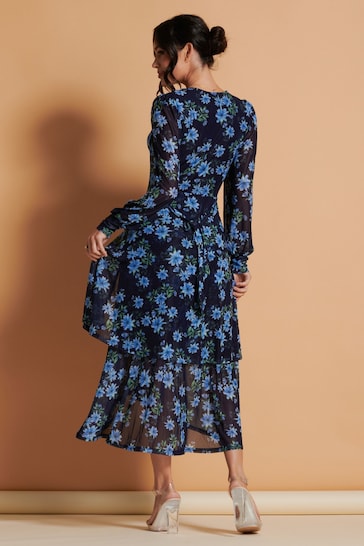 Jolie Moi Blue Floral Mesh Midi Dress
