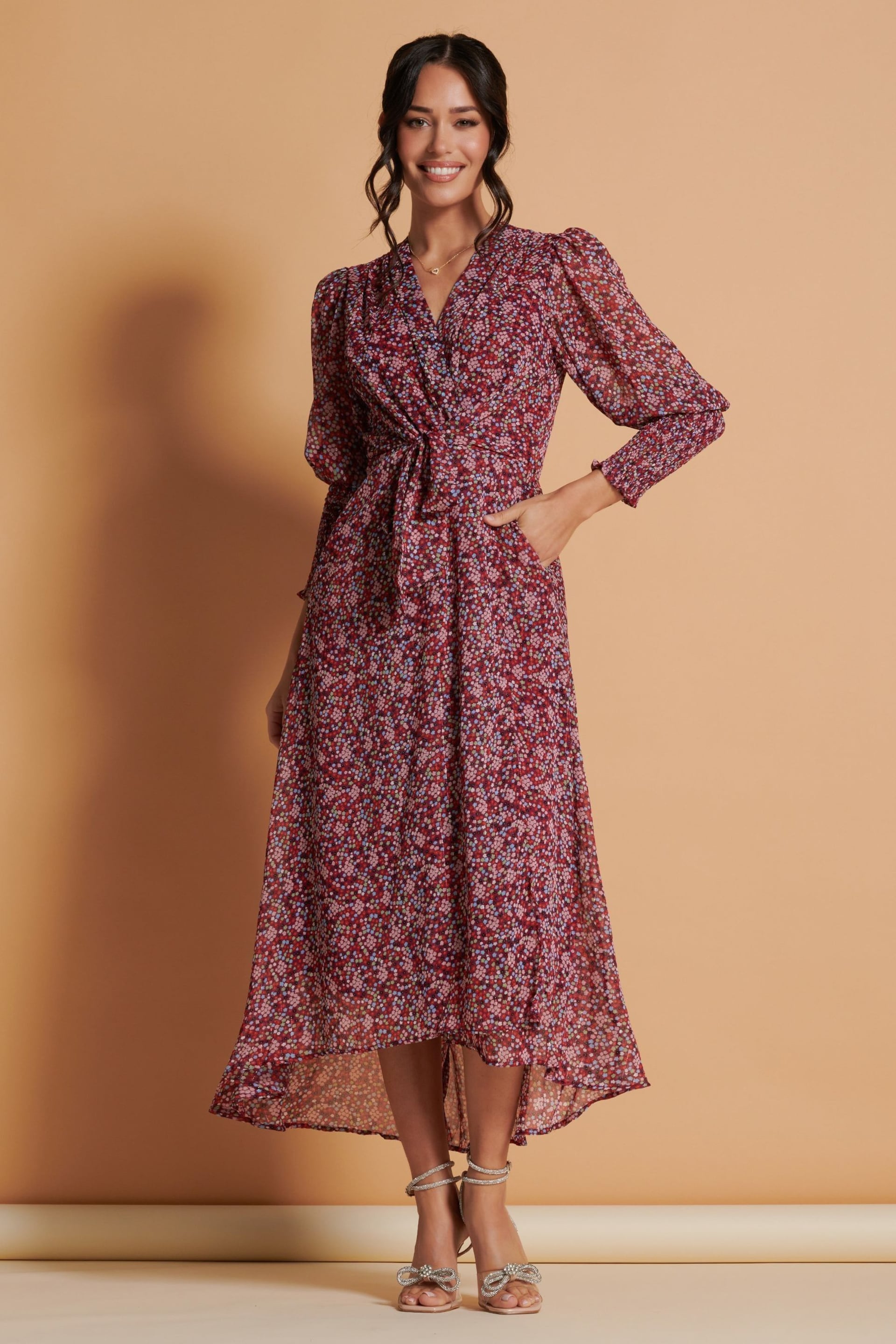 Jolie Moi Red Chiffon Print Maxi Dress - Image 3 of 6