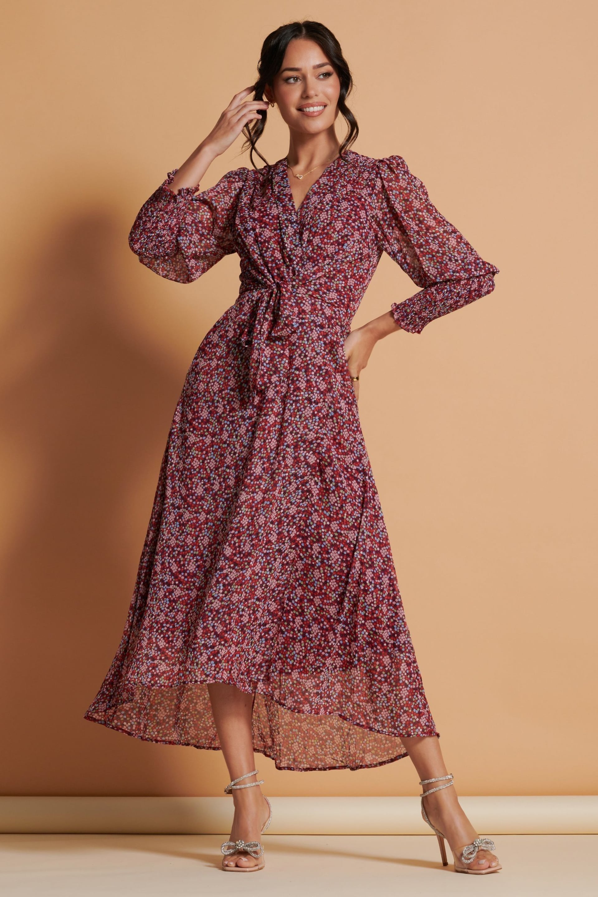 Jolie Moi Red Chiffon Print Maxi Dress - Image 4 of 6
