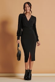 Jolie Moi Black Wrap Detail Jersey Bodycon Dress - Image 4 of 6