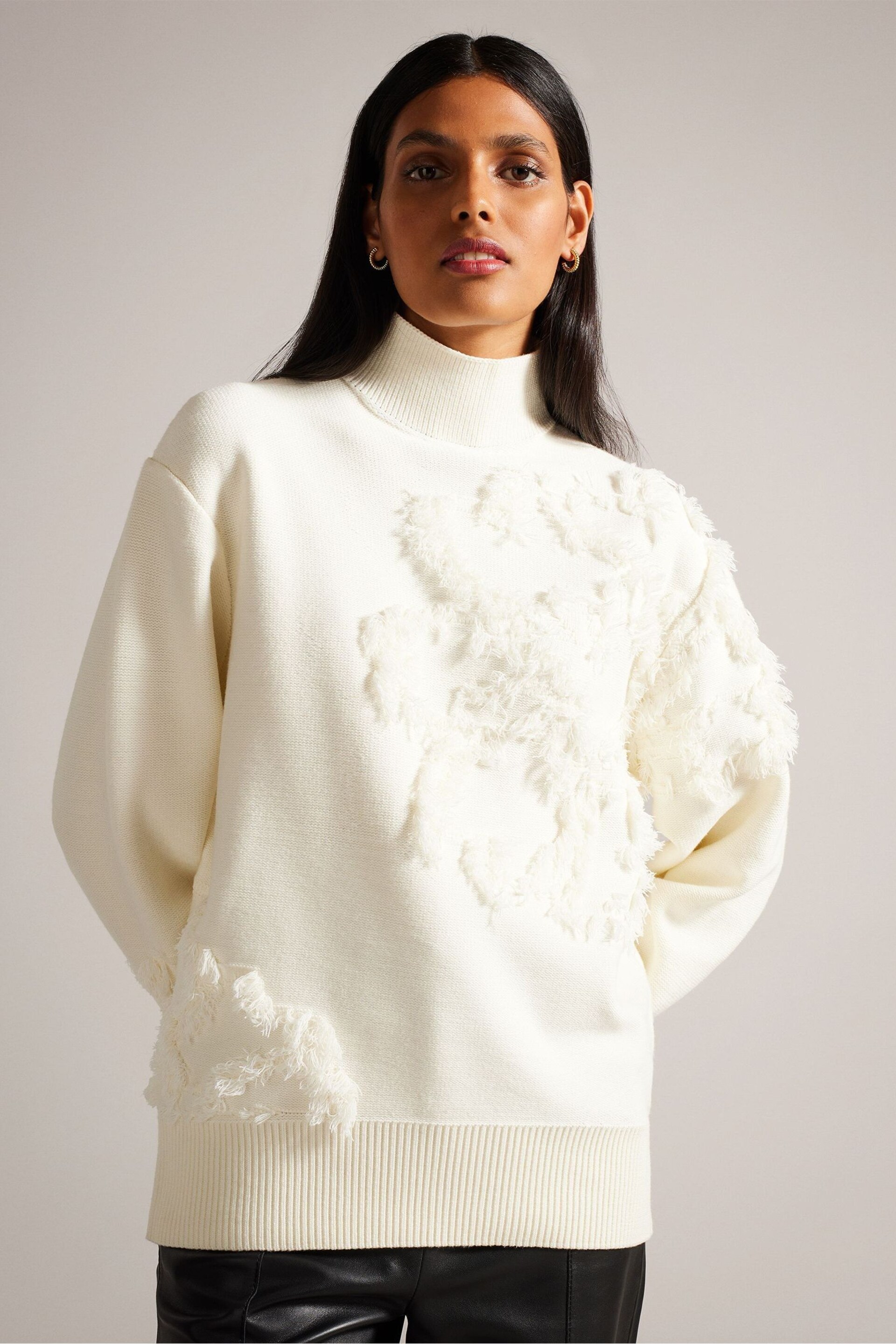 Ted Baker Cream Chalayy Fringed Jacquard Placement Sweater - Image 1 of 7