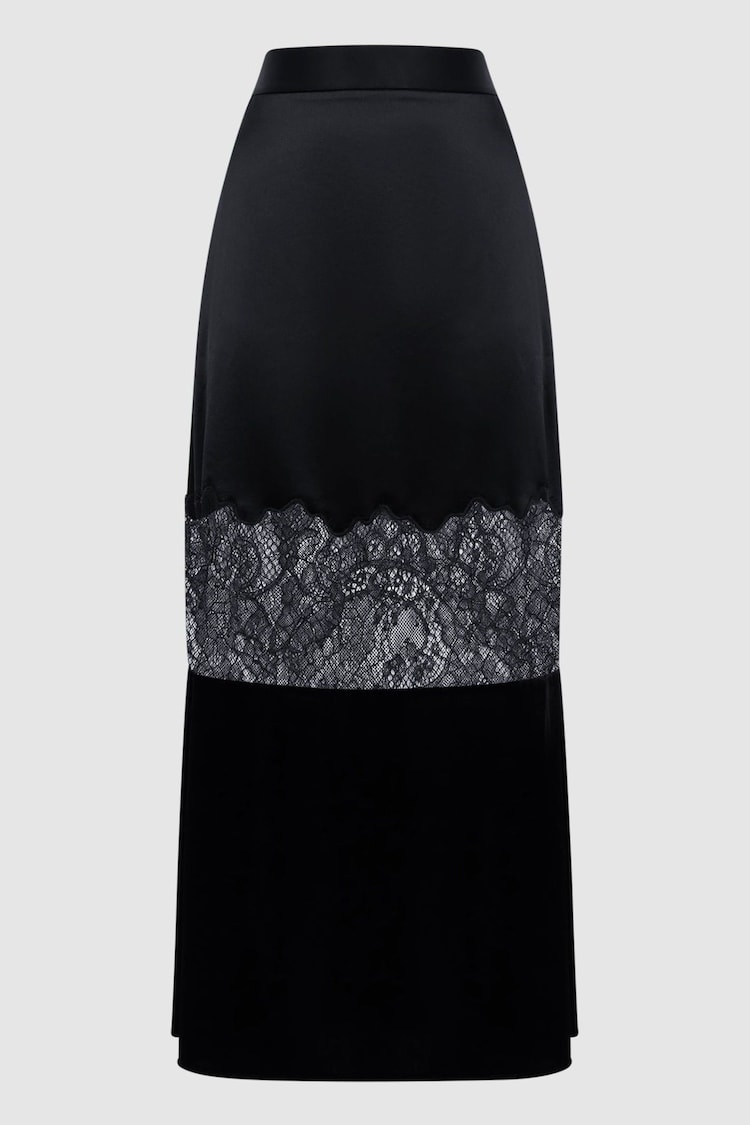 Reiss Black Tilly Fitted Satin-Velvet Midi Skirt - Image 2 of 5