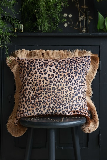 Rockett St George Leopard Love Velvet Fringe Feather Filled Cushion