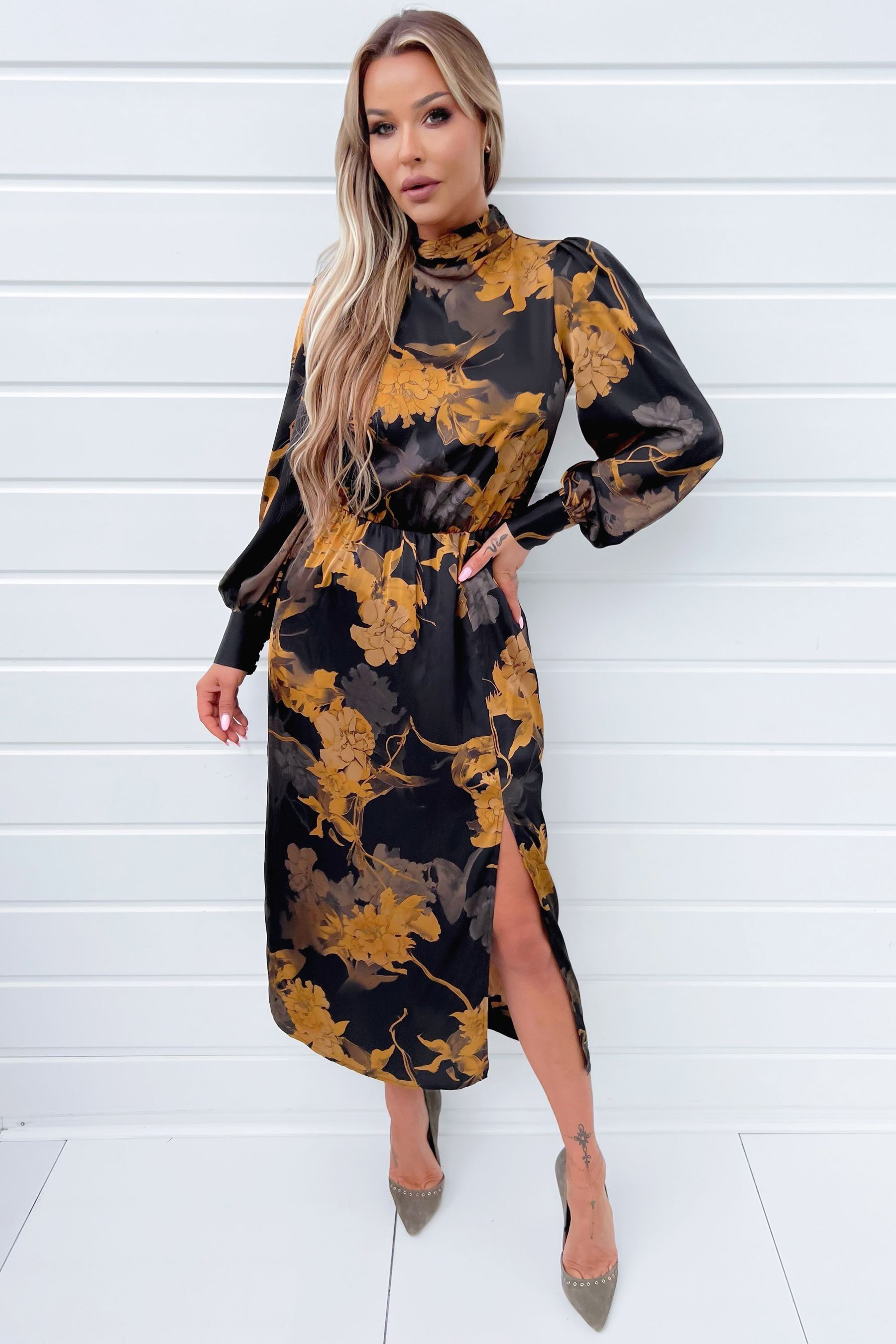 Buy Floral Print High Neck Long Sleeve Midi Dress from Next Luxembourg