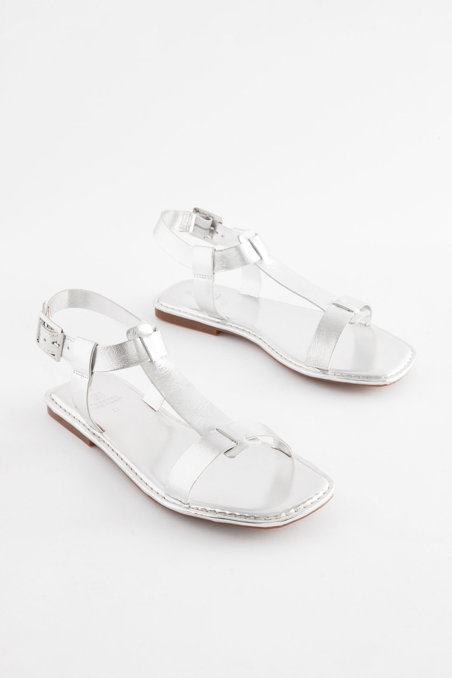 Silver Extra Wide Fit Forever Comfort® Leather T-Bar Sandals - Image 1 of 5