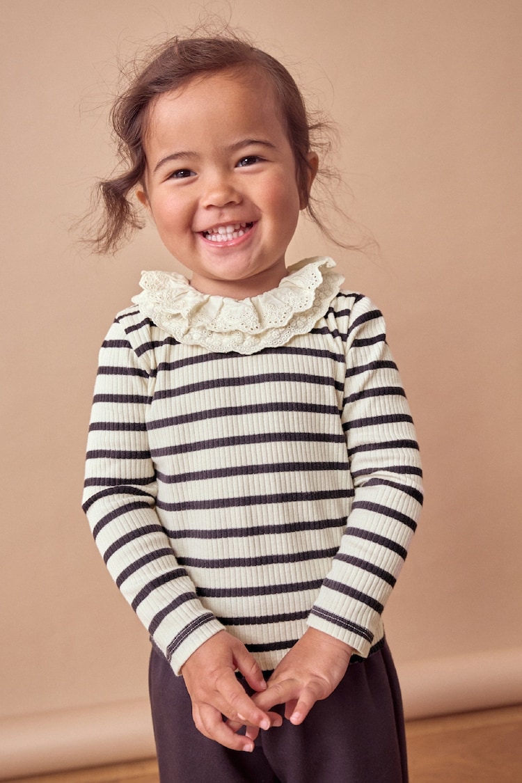 Black/White Stripe Long Sleeve Collar Top (3mths-7yrs) - Image 1 of 5