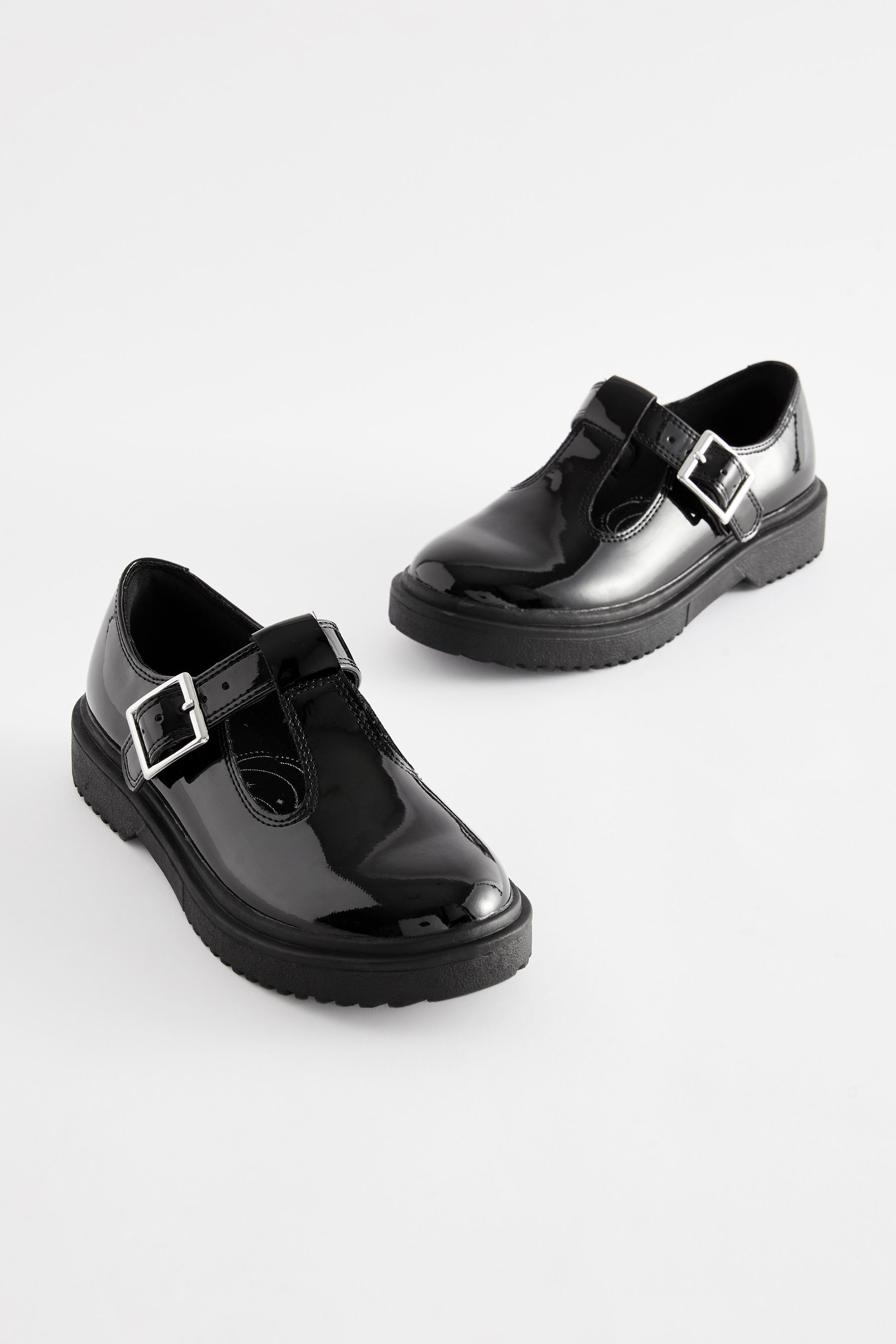 NEXT Black Patent Chunky T Bar School Shoes us8 Girls