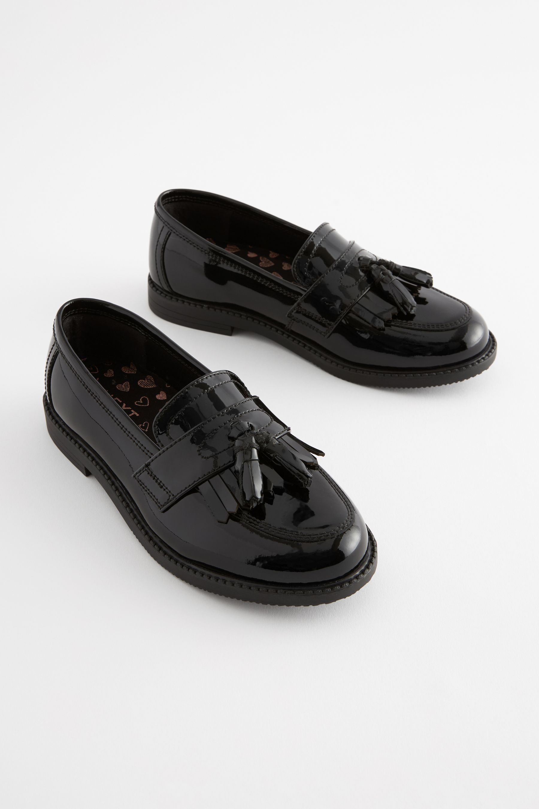 NEXT Black Patent Wide Fit G Leather Tassel Loafer School Shoes us13 Girls