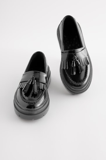 Black Leather Chunky Tassel Loafer School Shoes
