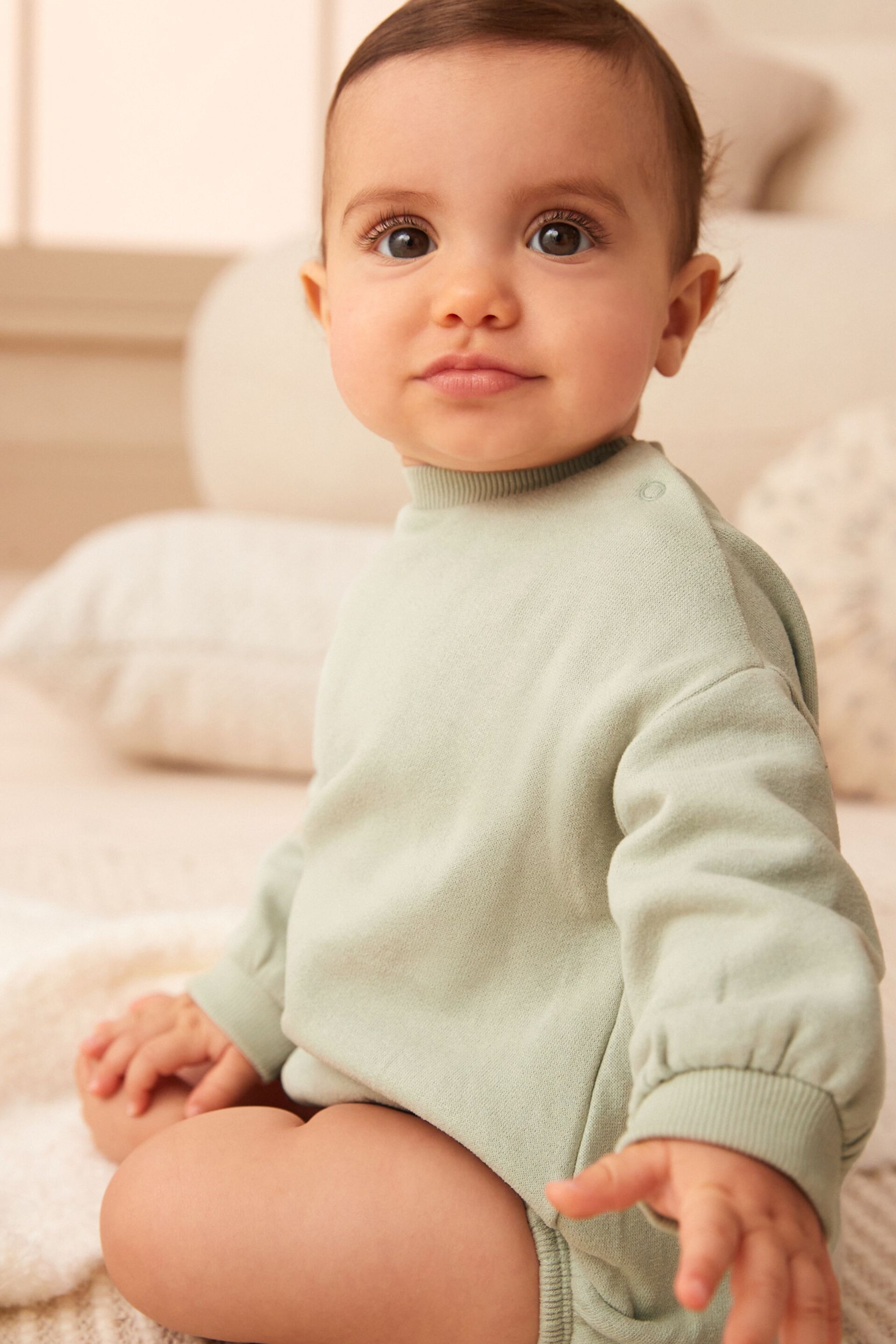 Mint Green Cosy Sweat Jersey Bubble Bum Baby Romper - Image 4 of 6