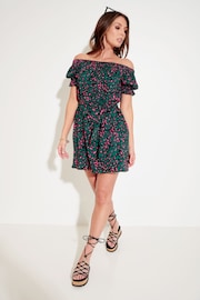 Pour Moi Green Woven Puff Sleeve Belted Bardot Dress - Image 2 of 5