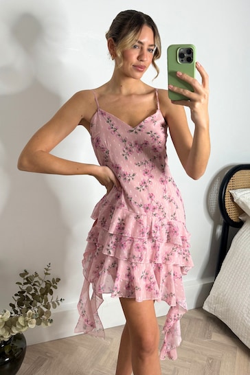 Style Cheat Pink Harlow ruffle Detail Mini Dress