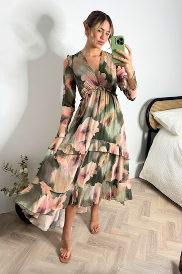 Style Cheat Green & Blush Floral Birdie Frill Tie Back Dress