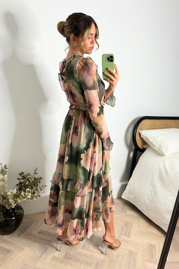 Style Cheat Green & Blush Floral Birdie Frill Tie Back Dress