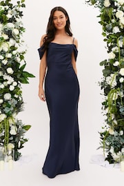 Style Cheat Navy Cowl Neck Maxi Satin Bridesmaid Dress - Image 1 of 4