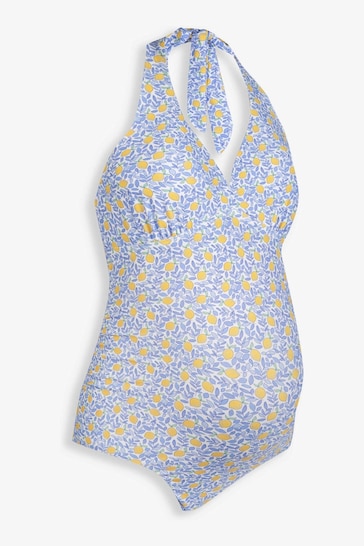 JoJo Maman Bébé Blue Lemon Floral Print Maternity Halterneck Swimsuit