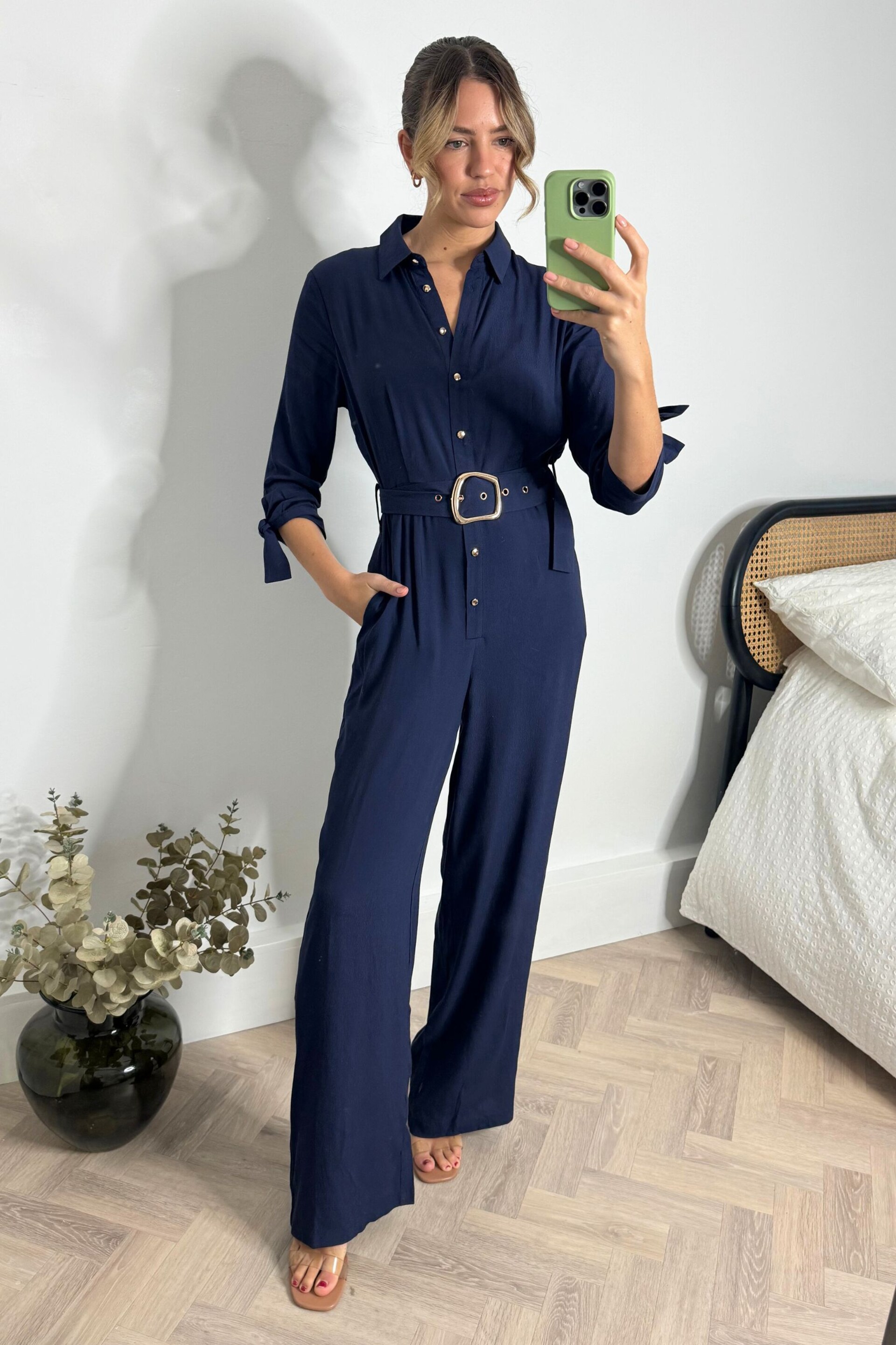 Style Cheat Blue Harriet Belted Shirt Jumpsuit - Image 1 of 4