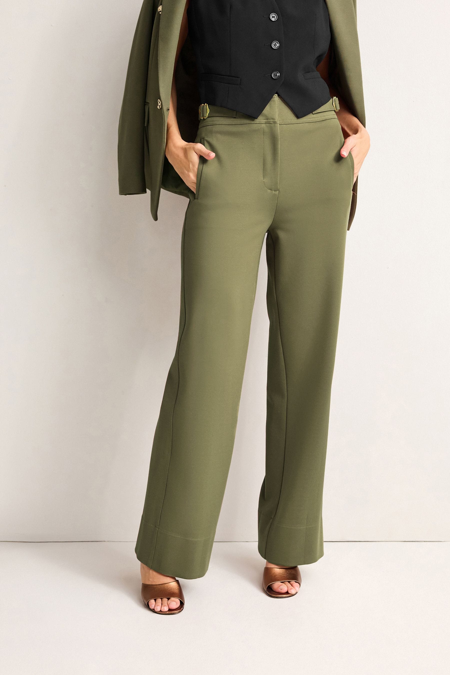 Buy Khaki Green Tailored Ponte Metal Detail Wide Leg Trousers from