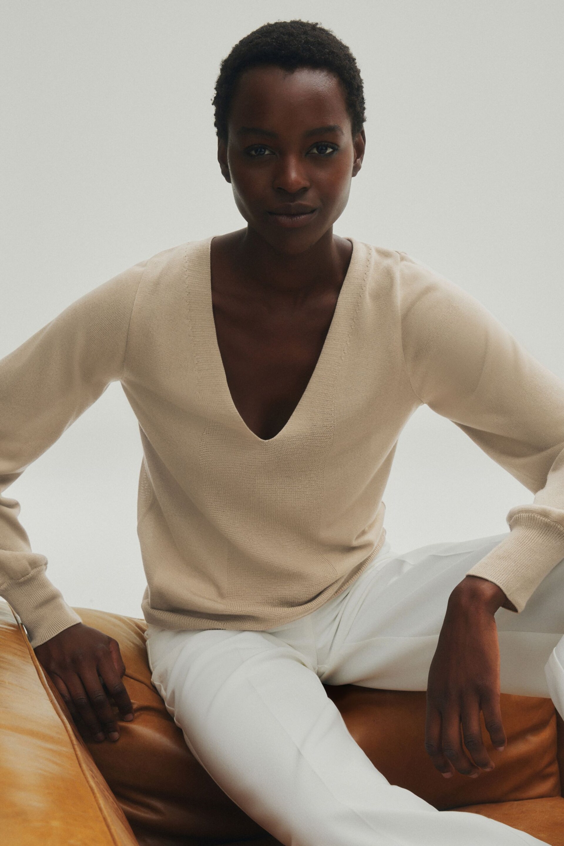 Champagne Gold Premium Lyocell Deep V-Neck Jumper - Image 1 of 8